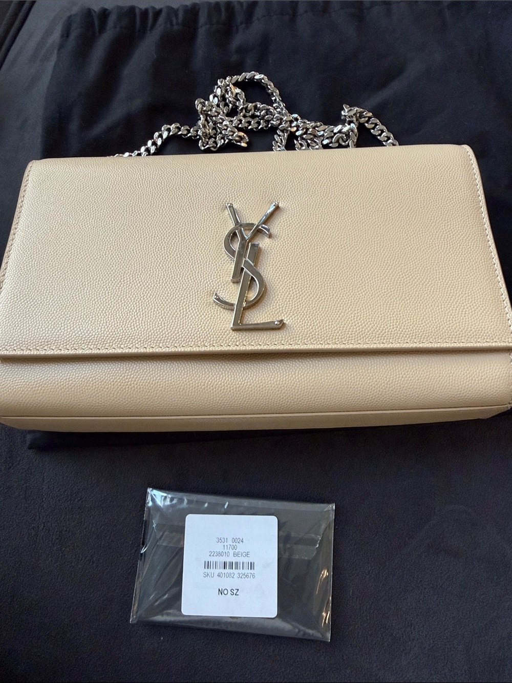 YSL medium Kate, grain leather bag, silver/beige.